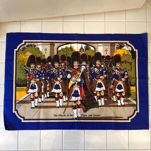 Vintage March of the Pipes and Drums Scottish Tea Towel, Made in Britain, NWOT